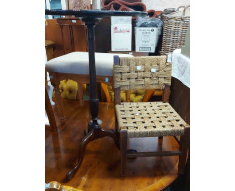 A vintage oak framed child's chair with woven back and seat - sold with a wine table