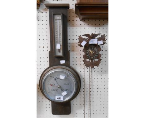 A vintage oak framed barometer/thermometer - sold with a small wooden wall timepiece - both a/f