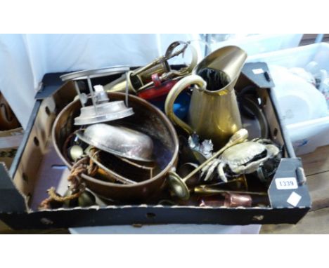 A box containing a quantity of metalware including copper planter, brass companion set, etc.