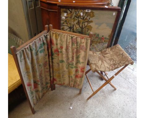 A vintage oak firescreen with tapestry hunting scene under glass - sold with a small folding firescreen and a folding stool