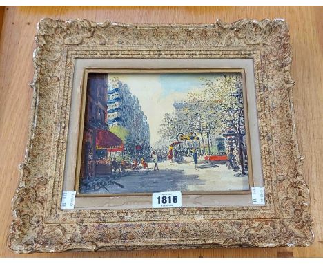G. Geber: a sponged framed vintage oil on canvas, depicting a busy Parisian street scene - signed - 18cm X 23cm