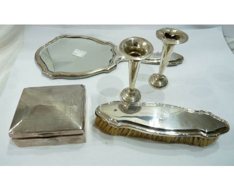 A damaged silver cigarette box and pair of bud vases - sold with a silver mounted hand mirror and brush with 'D' initials to 