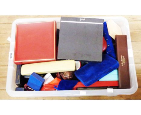A crate containing a collection of vintage and modern empty jewellery cases and boxes