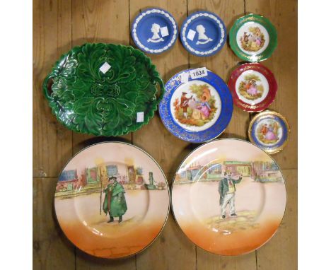 A small quantity of ceramic plates including Royal Doulton Dickens Ware, green majolica leaf dish, etc.