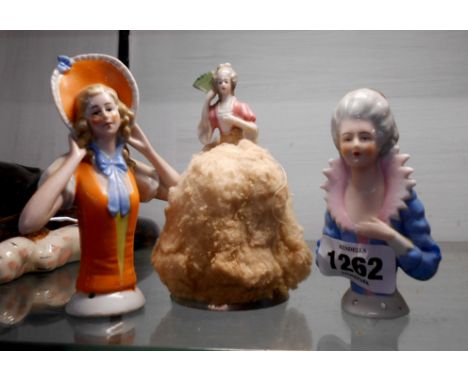 Three 1920's porcelain pin cushion dolls