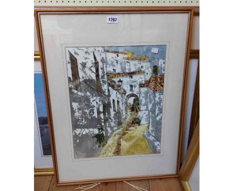 A framed vintage mixed media painting, depicting mediterranean town buildings - sold with a framed print of Greenwich Hospita