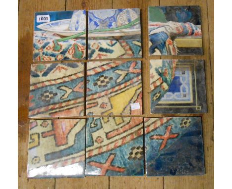 A vintage nine tile ceramic part panel with hand painted table top scene on old tile blanks