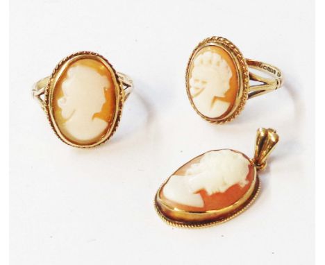 Two 9ct. gold rings and a pendant, all set with shell cameo panels - ring size O and K 1/2