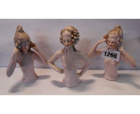 Three 1920's porcelain pin cushion dolls