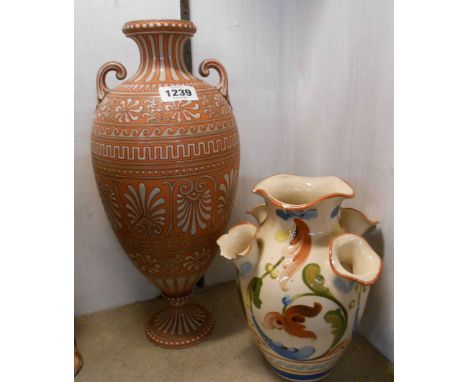 A 19th Century Torquay Terracotta Co. vase of classical urn form with all over enamel decoration (drilled to foot) - sold wit