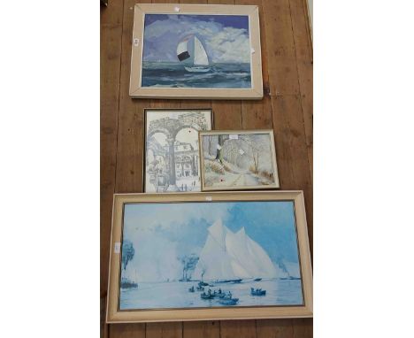 Charlotte Amalie: a vintage painted wood and hessian framed oil on canvas, depicting a sailing vessel - signed - sold with a 