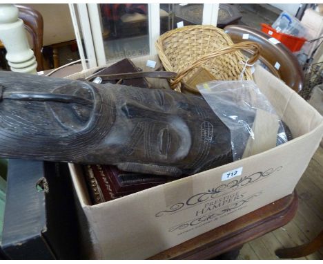 A box containing assorted collectable items including a large carved wood wall mask, quantity of wooden boxes, a Steinheil Mu