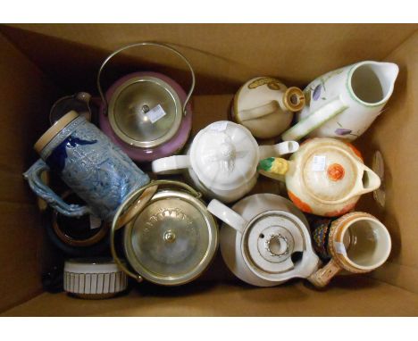 A box containing a quantity of ceramics including Poole Pottery cut-sided coffee pot and sugar bowl, E. Radford jug, biscuit 