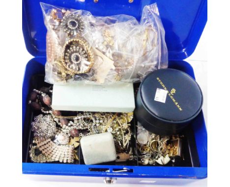 A blue metal cash box containing a quantity of assorted vintage and later costume jewellery and other items