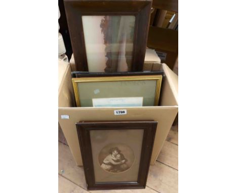 A box containing a selection of framed coloured prints including two late Snaffles examples - sold with an oil on canvas, dep