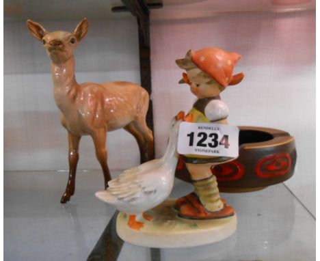 A Beswick roe deer figurine - sold with Goebel figure and a vintage West German pottery ash tray