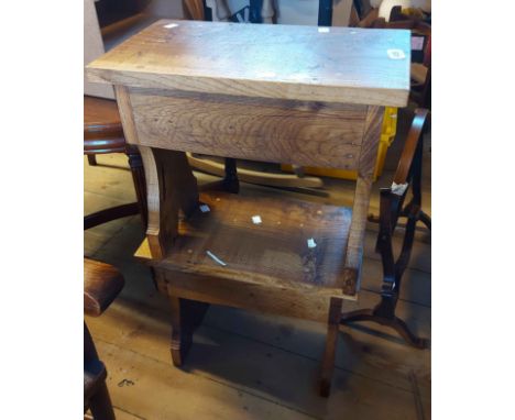 A pair of light oak and elm stools, set on standard ends