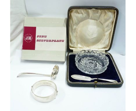 An antique English silver sifter ladle, a boxed cut glass butter dish with silver knife, a clasp bracelet, etc.
