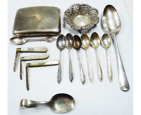 A silver cigarette case (dents) - sold with a silver bon bon dish, set of six coffee spoons, caddy spoon, souvenir spoon, thr