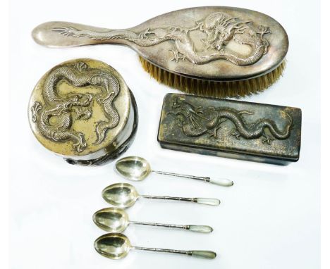 Wang Hing: a harlequin part dressing table set of Chinese silver comprising a 9cm diameter circular box with push-fit lid, a 