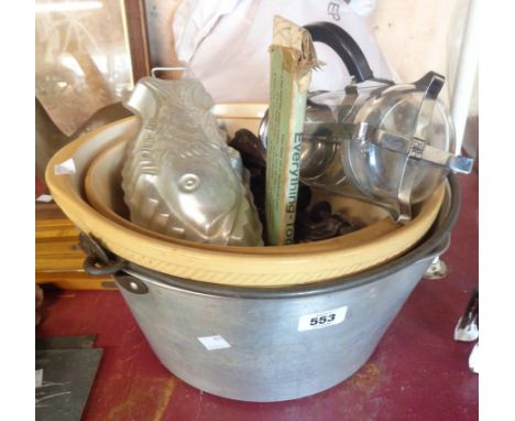 A collection of vintage kitchen items including preserving pan, fish jelly mould, two ceramic mixing bowls, etc.