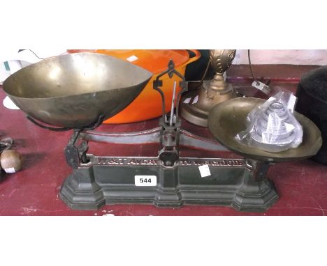 A vintage set of W. &amp; T. Avery 10lb. scales - sold with a set of stacking weights
