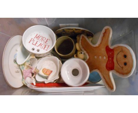 A crate containing a quantity of ceramics and other items including vintage Pyrex, etc.