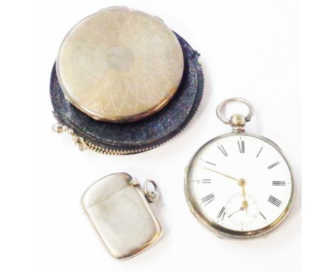 A late Victorian silver cased fusee pocket watch - sold with a silver vesta case and a silver compact case with pouch