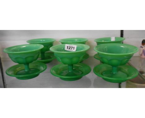 A set of six 1930's Davidsons Jade pressed glass sundae dishes and saucers