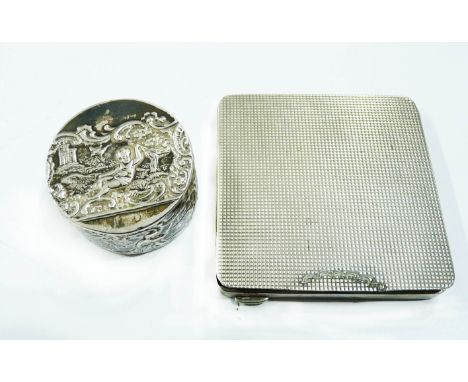 An 800 grade compact case with engine turned decoration (catch lip missing) - sold with a Continental circular flip-top pill 