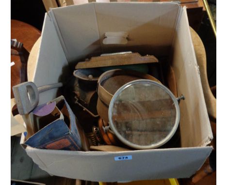 A box containing a vintage shaving mirror, shoe last and barometer