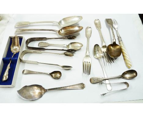 A bag containing mainly antique English silver cutlery items - various condition, also boxed Dutch silver spoon, another and 
