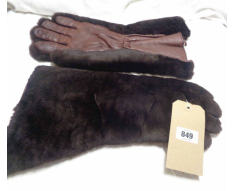 A boxed pair of vintage leather and faux bear fur gauntlets with flared cuffs and fleece style lining