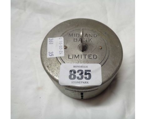 A vintage Midland bank metal money box and key