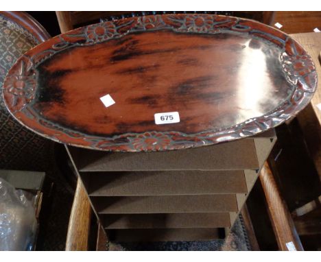 A vintage fibreboard filing shelf unit - sold with a decorative oval wooden tray