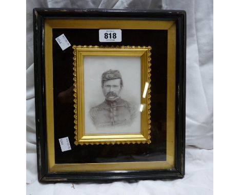 A box framed and gilt slipped monochrome portrait on a porcelain panel - paper slip inscription to back 'Percy Duke Coleridfe