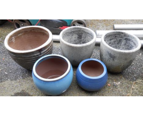 Five assorted glazed ceramic garden pots
