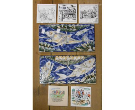 Four modern tiles, decorated with a William De Morgan scene, depicting fish - sold with five vintage Widecombe related tiles