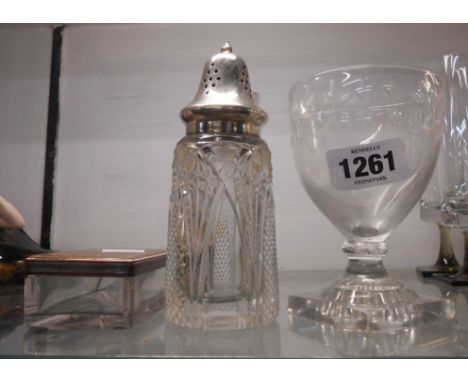 An early 19th Century rummer with lemon squeezer base and engraved bowl - sold with a cut glass sifter and glass trinket box 