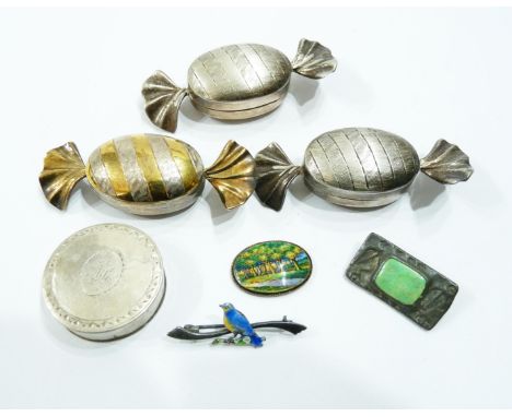 Three modern silver novelty boiled sweet form pill boxes - sold with a Georgian silver patch box, two brooches and a small en