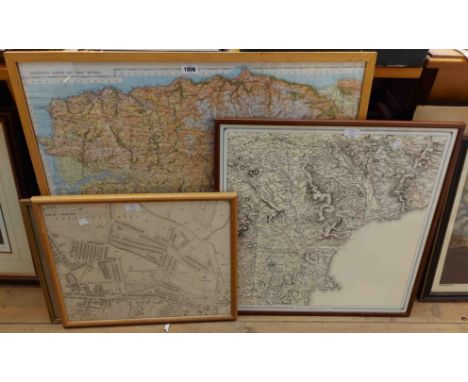 A framed vintage Ordnance Survey map print of Great Britain - sold with a framed monochrome map of Heavitree Ward and two map