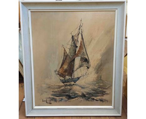 Ben Maile: a painted wood and hessian framed vintage large format coloured print entitled 'The Ketch' - sold with a modern li