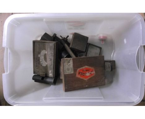 A crate containing a quantity of assorted antique and later woodworking and other tools including brass and ebony scribe, woo
