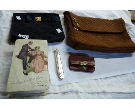 A quantity of collectable items comprising of a vintage Carson's Chocolate box, two bags, a small purse and a folding pocket 