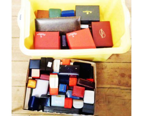 A crate and box containing a large collection of vintage and modern empty jewellery boxes and cases