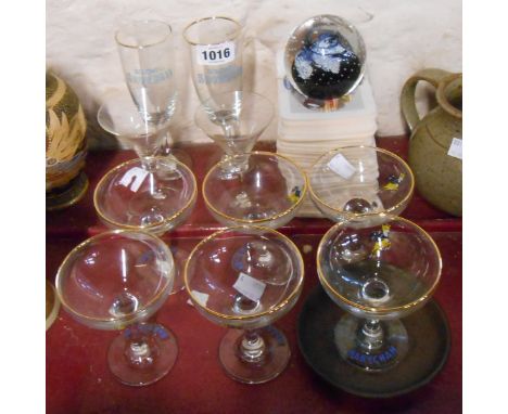 A set of six vintage Babycham glasses, two Goldwell Snowball advertising glasses, a pair of 1953 Coronation wine glasses with