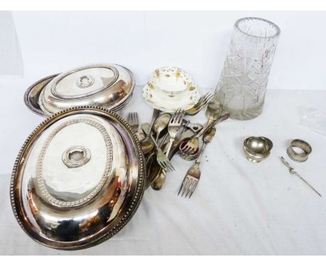 A box containing a quantity of silver plated and other items including entree dishes, cutlery, etc. - sold with a silver salt