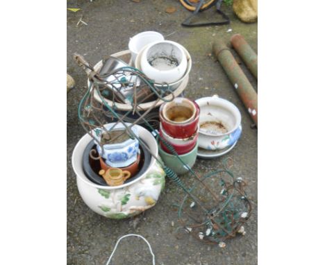 A quantity of assorted ceramic plant pots - sold with a hanging potholder, etc.