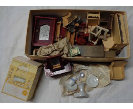 A box containing a quantity of doll's house furniture including modern and vintage pieces of various items and sizing