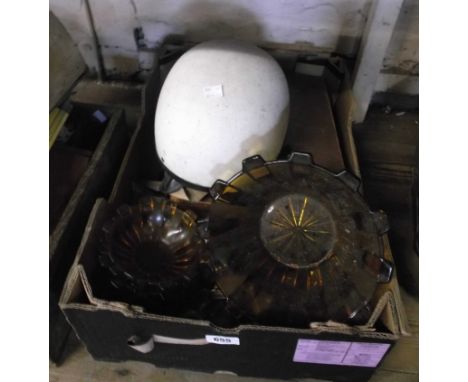 A box containing a quantity of collectable items including vintage Charles Owen jockey helmet, an amber glass dessert set, et